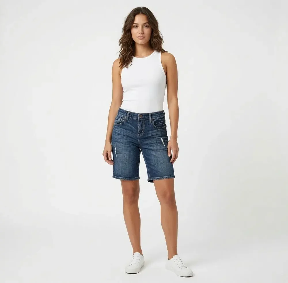 Kut from the Kloth Denim Stretch Distressed Long Bermuda Shorts Size 2